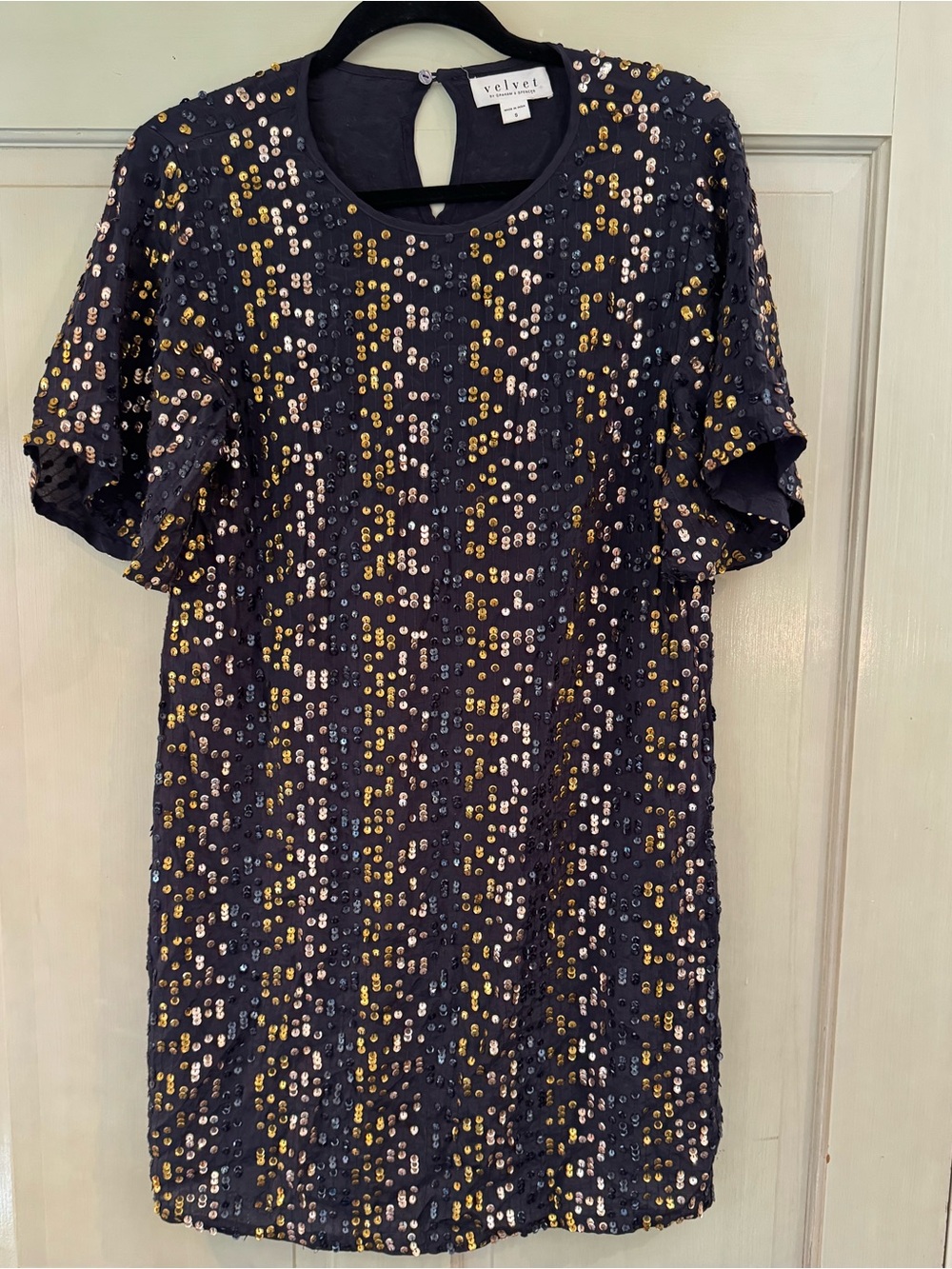 Velvet by Graham & Spencer Vivi Navy w/ multicolored Sequins Short-Sleeve Dress